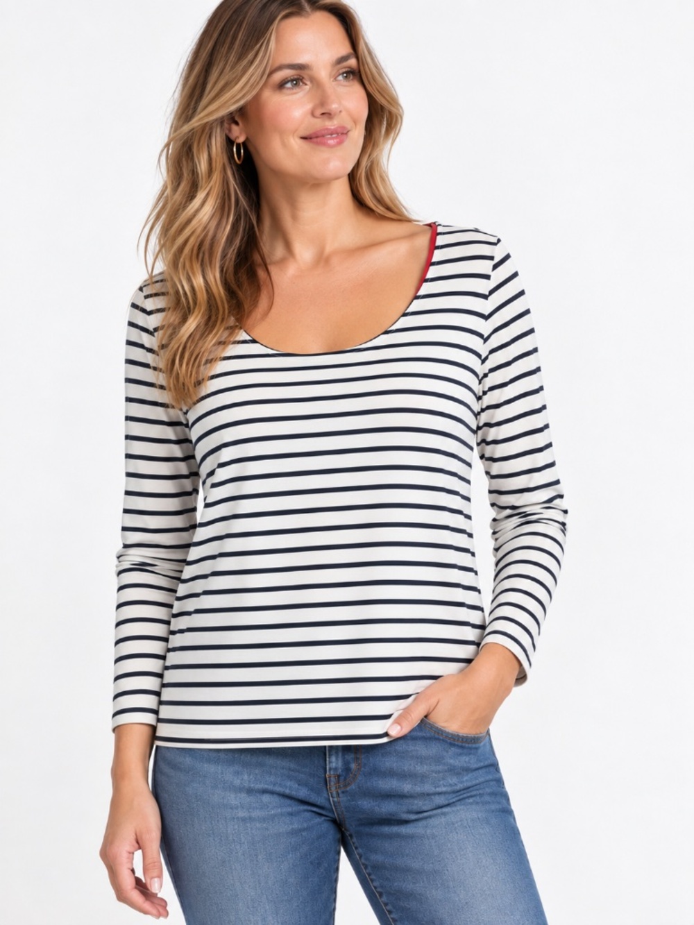 Boden Black White Striped Long Sleeve Scoop Neck Breton Top Women's 14